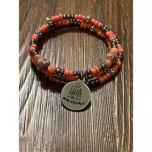 Handmade Coral and gray beaded charm bracelet‎ with Drink Coffee and be awesome